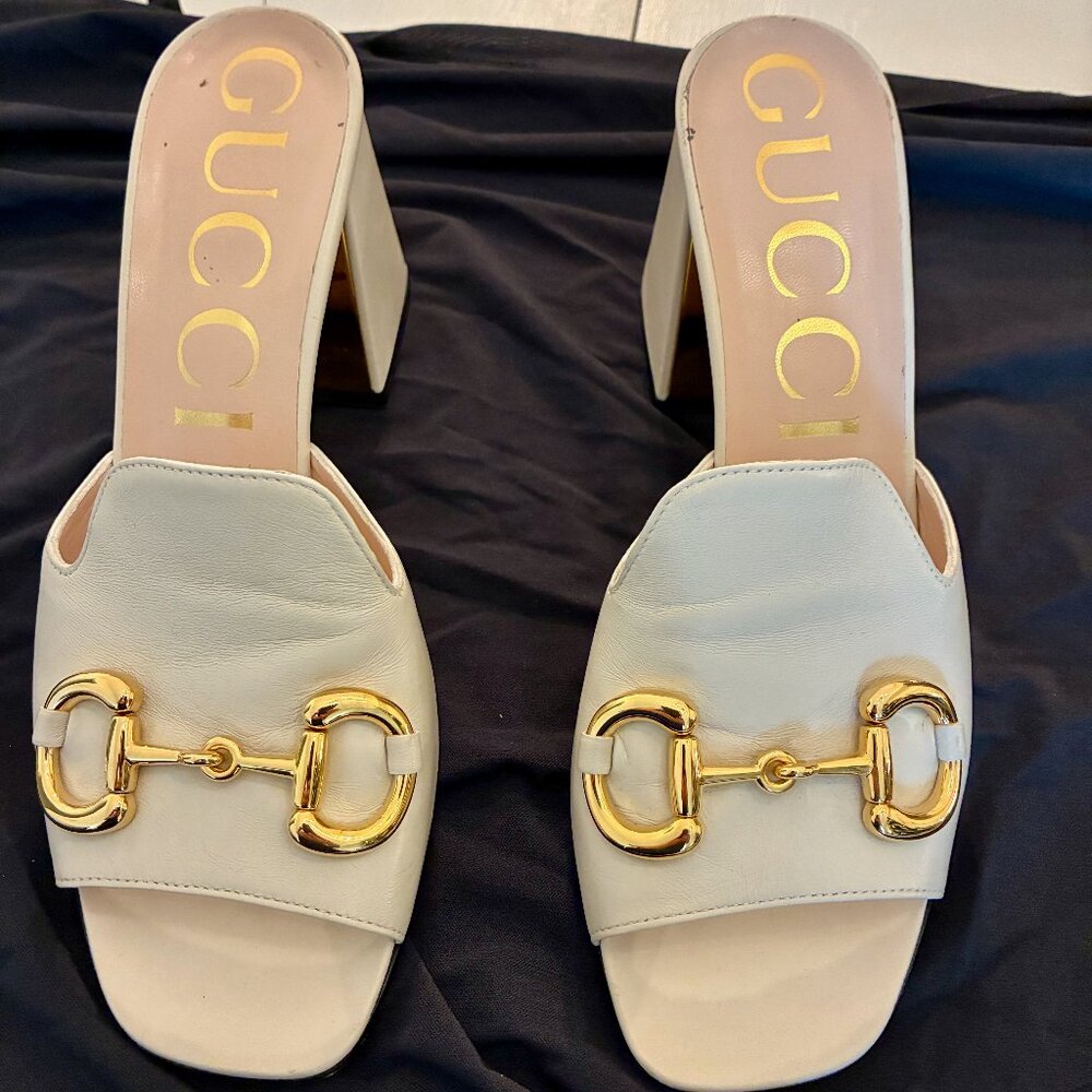 Authentic Gucci Horsebit Leather Mid Heel Slide